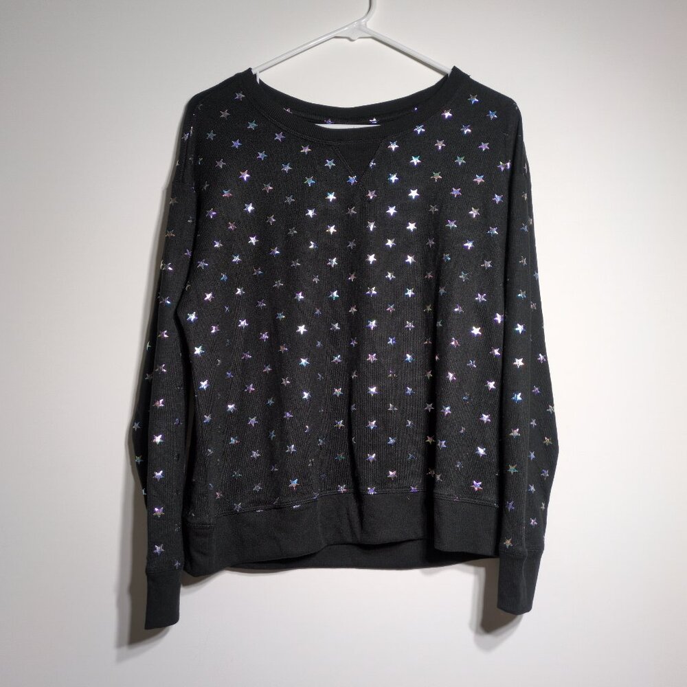Jenni Intimates Pajama Shirt Size Medium Black Silver Stars Long Sleeve